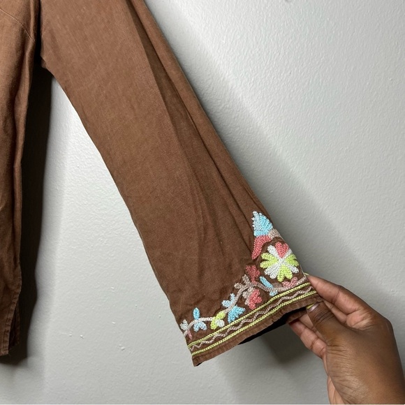 Women 100% Linen Top XL Brown Embroidered Popover. Coastal Lagenlook Lagum - Picture 5 of 8